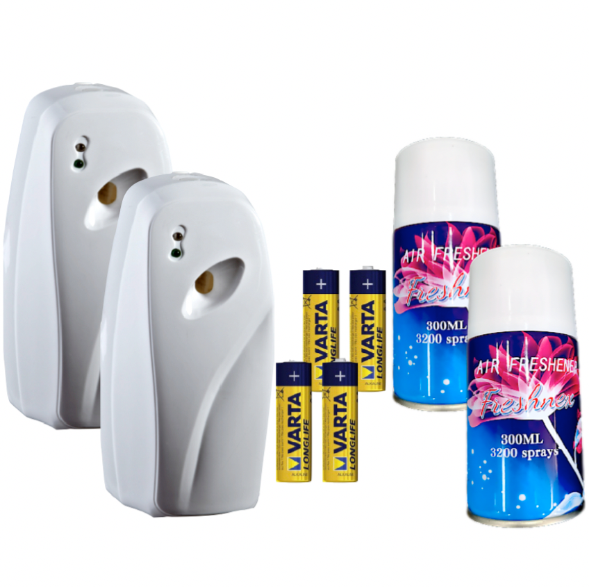 2 Fragrance Dispenser +2 Fragrance cans +Batteries