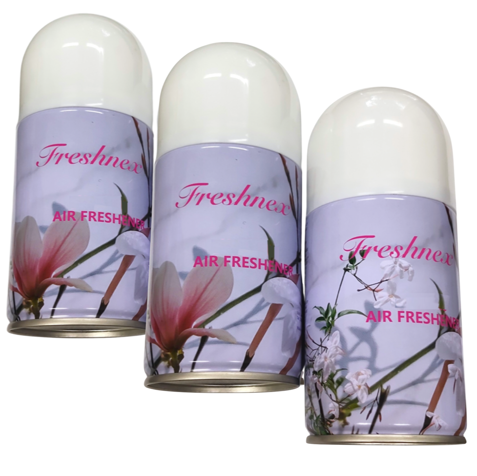 3 Dispensers + 3 Fragrance cans + Batteries