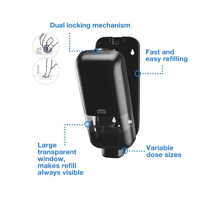 564508-Tork Soap and Sanitiser Dispenser Black S4 wall mounted push button dispenser with refill window