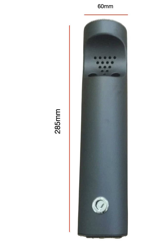 Black cylindrical ashtray with measurement details on a white background