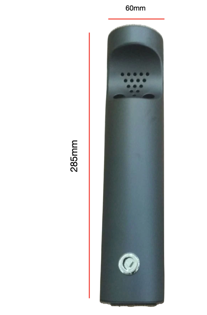 Black cylindrical ashtray with measurement details on a white background