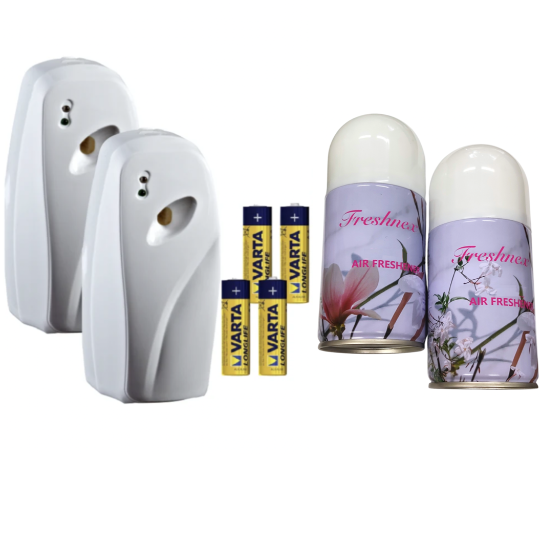 2 Fragrance Dispenser +2 Fragrance cans +Batteries