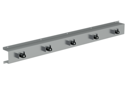 Stainless steel mop and broom holder with 3, 4, and 5 holder options, #304 grade satin finish for commercial cleaning storage.