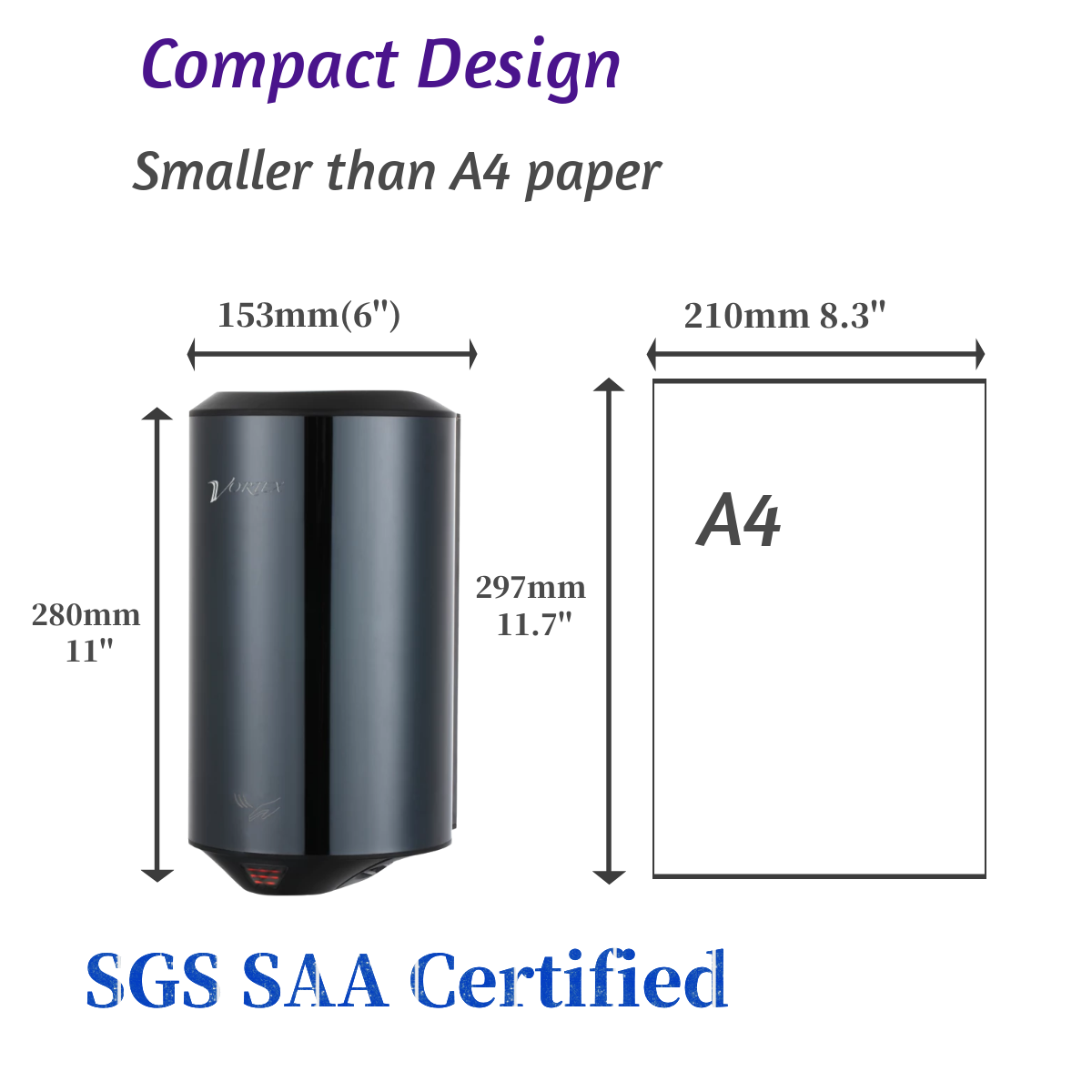 Vortex Smart heater compact hand dryer Matte Black stainless steel commercial hand dryer - VX2805k