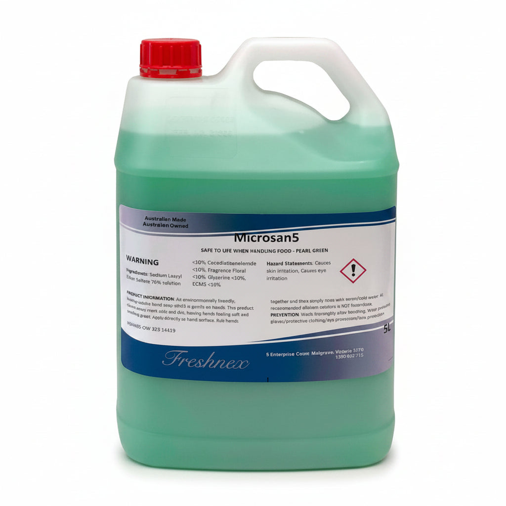 Front view of the product, Microsan 5, Safe to use when handling food - pearl green Antibacterial Liquid Hand Soap 5L Biodegradable"
