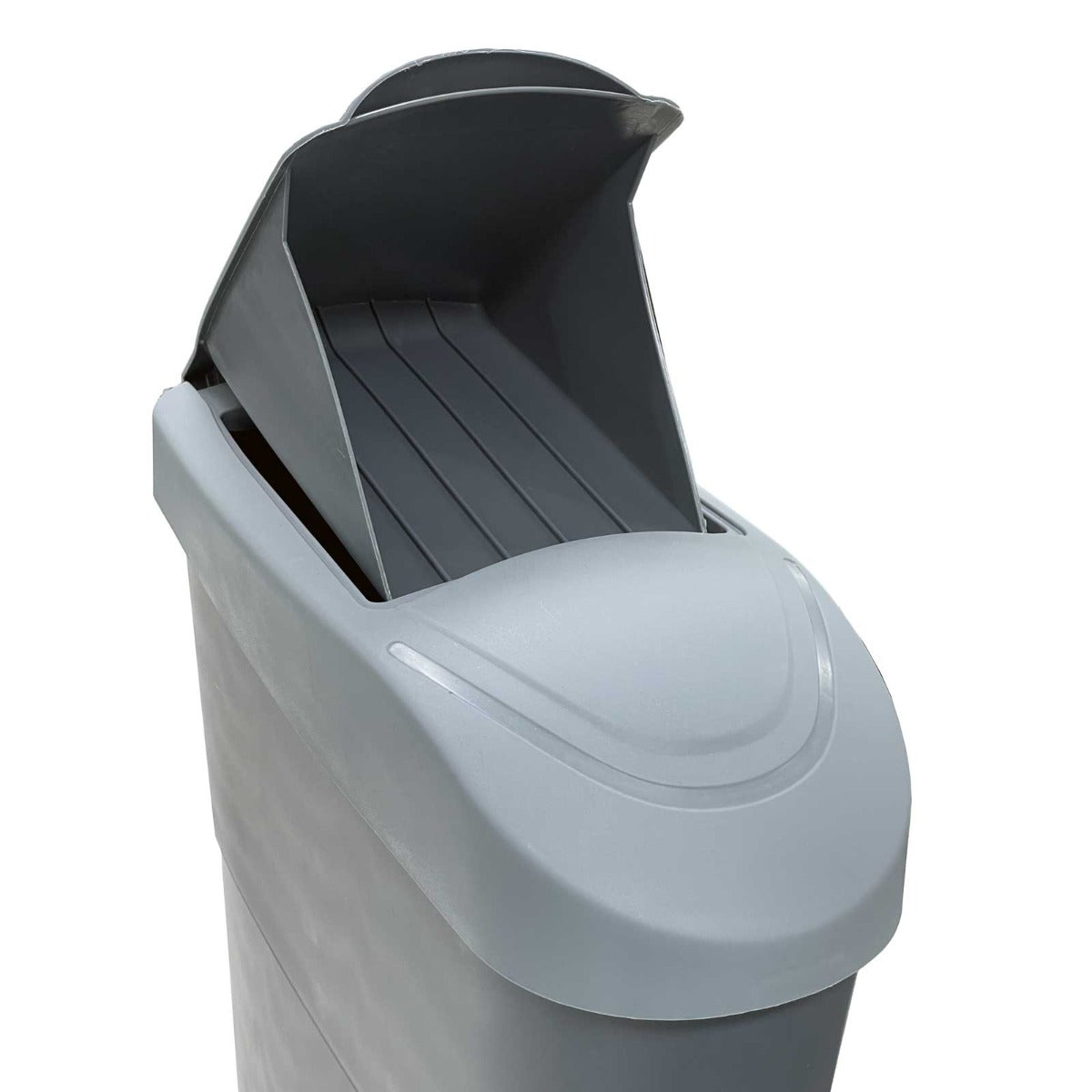 Close-up view of the Grey slim sanitary bin 18L female hygiene waste disposal unit for commercial washrooms