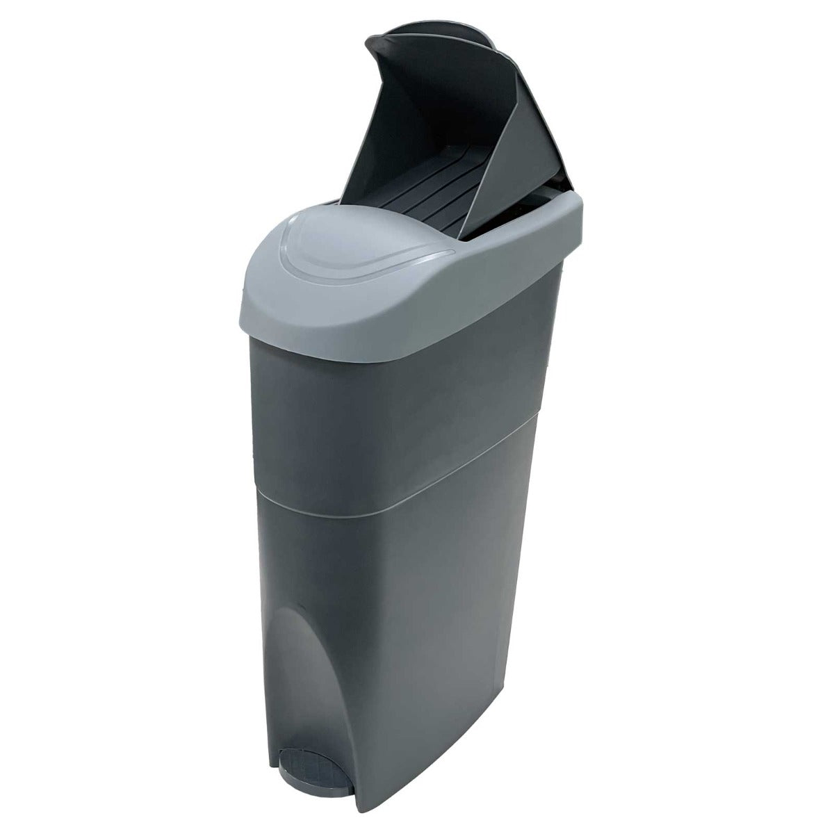 Left side view of the sanitary bin Grey slim sanitary bin 18L female hygiene waste disposal unit for commercial washrooms