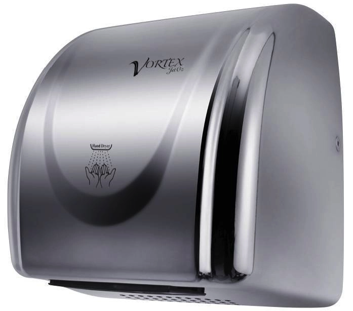 Vortex Super Quiet Automatic Hand Dryer in polished stainless steel with sensor and blue light reflector, ideal for commercial and domestic washrooms