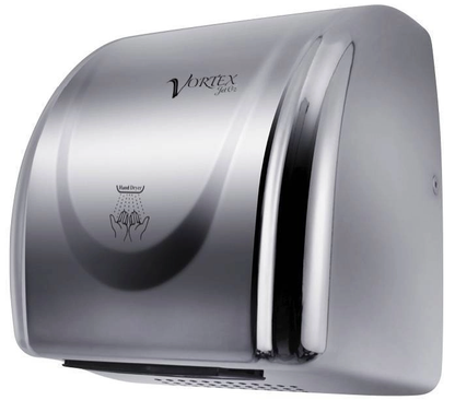 Vortex Super Quiet Automatic Hand Dryer in polished stainless steel with sensor and blue light reflector, ideal for commercial and domestic washrooms