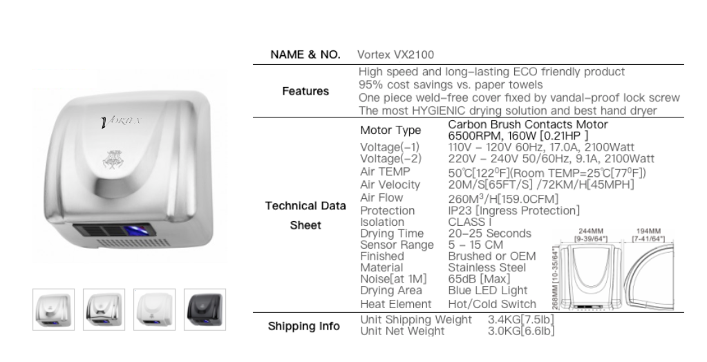 Vortex Hand Dryer Super Quiet Automatic S'Steel - OzWashroom