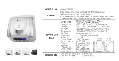 Vortex Hand Dryer Super Quiet Automatic S'Steel - OzWashroom