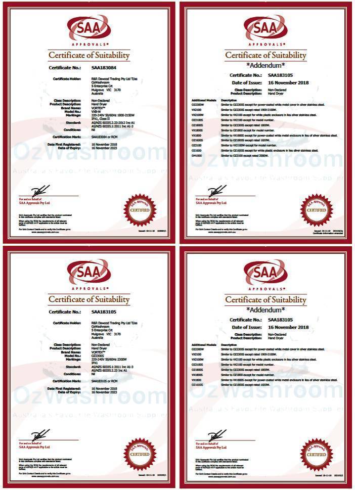 SAA certificates for Vortex hand dryers, jet dryers