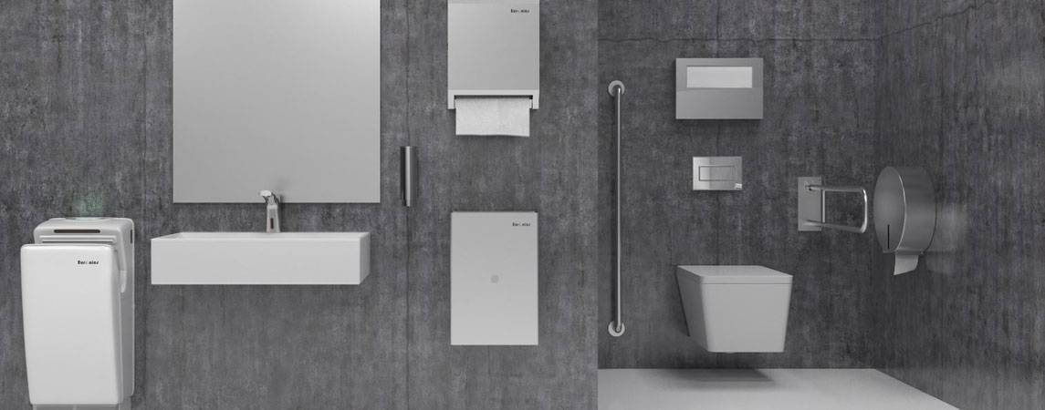 Required Washroom Accessories for Commercial Bathrooms, Wall with many Washroom Accessories